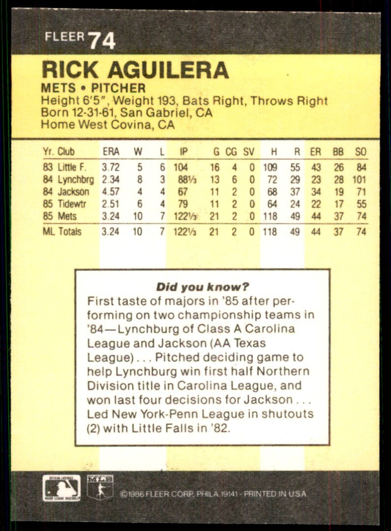 1986 Fleer.. Rick Aguilera . New York Mets #74