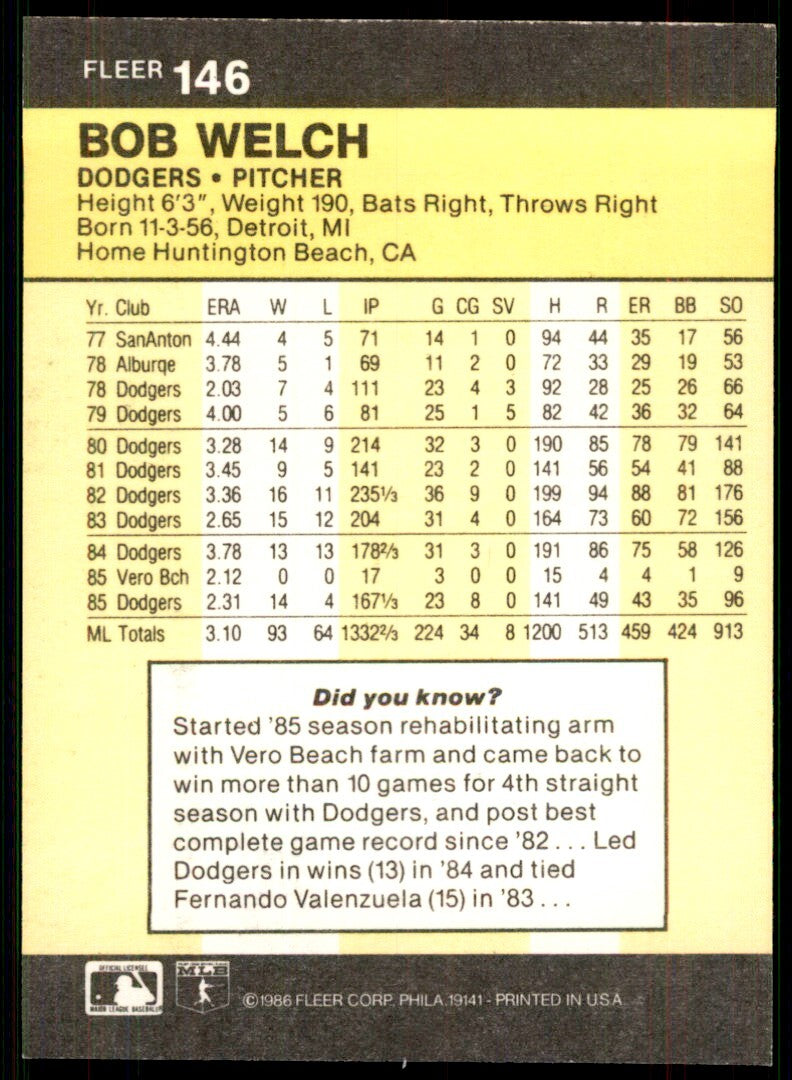 1986 Fleer..baseball Bob Welch. . Los Angeles Dodgers #146