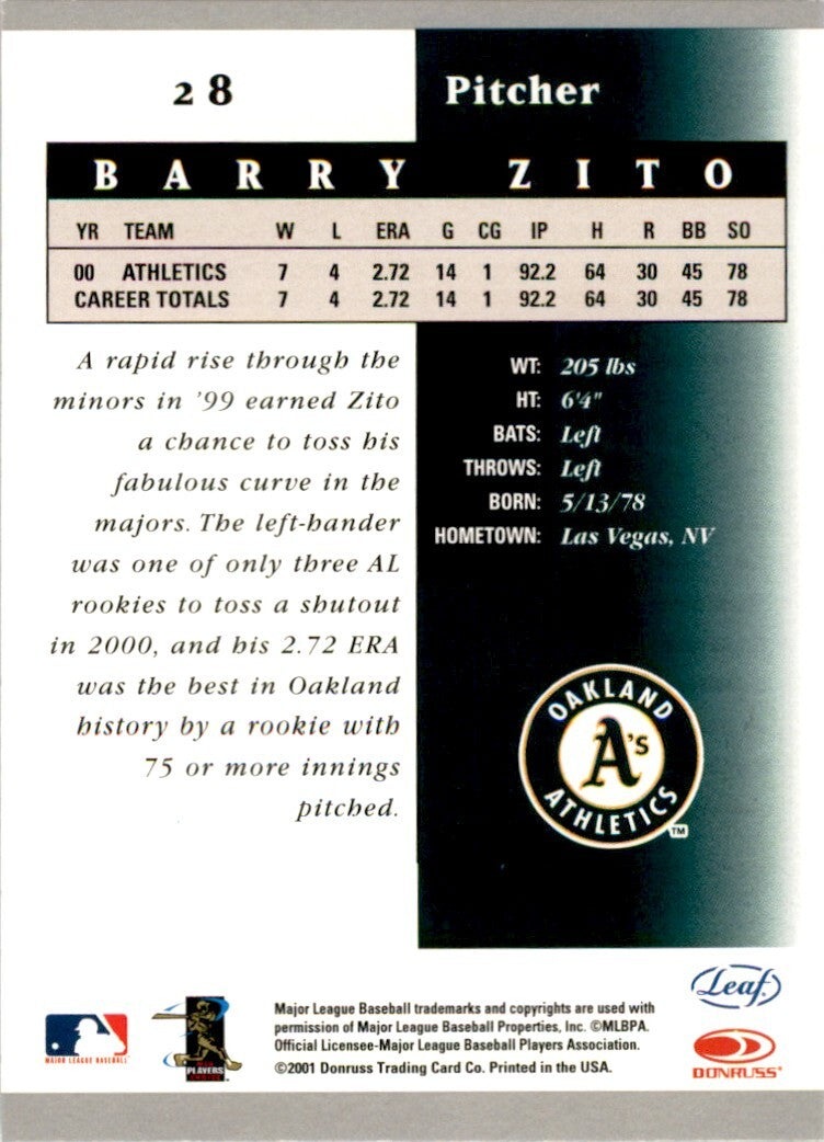 2001 Leaf Certified Barry Zito . Oakland Athletics #28
