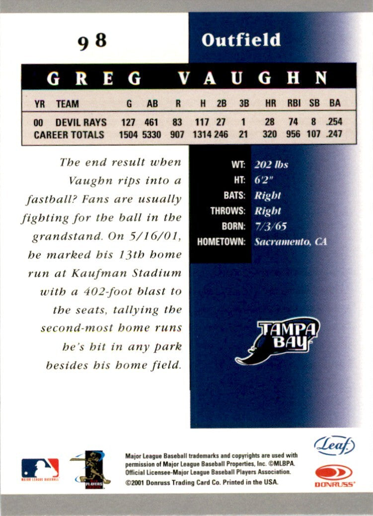 2001 Leaf Certified Greg Vaughn . Tampa Bay Devil Rays #98