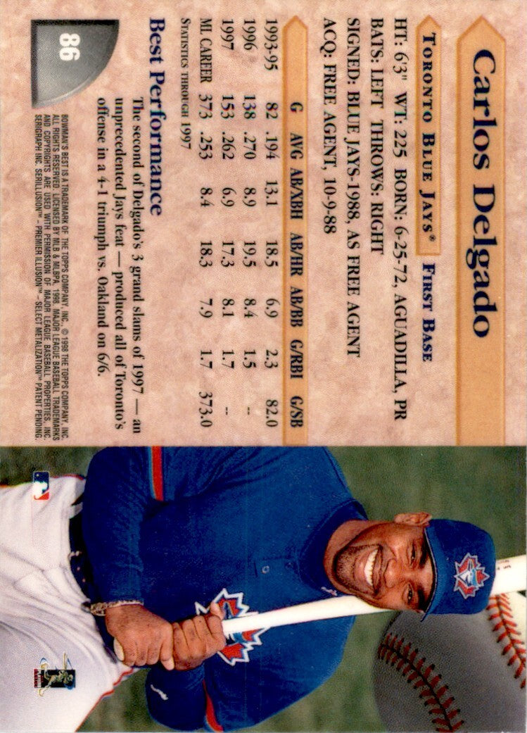 1998 Bowman's Best Carlos Delgado . Toronto Blue Jays #86
