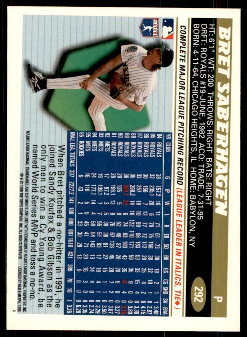1996 Topps. Bret Saberhagen B Baseball Cards #292