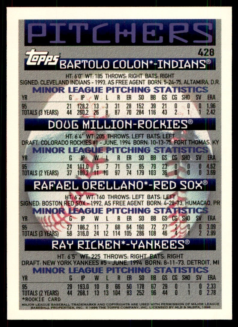 1996 Topps. Bartolo Colon/Doug Million/Rafael Orellano/Ray Ricken Baseball Cards