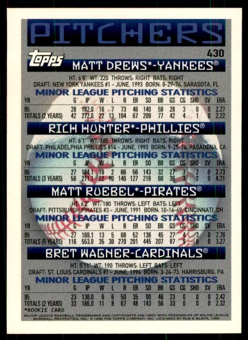 1996 Topps. Matt Drews/Rich Hunter/Matt Ruebel/Bret Wagner A Baseball Cards #430