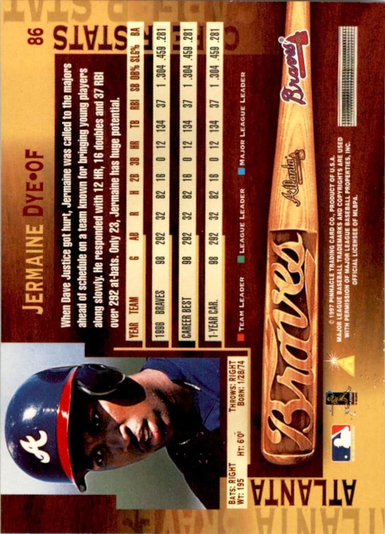 1997 Pinnacle Gold Jermaine Dye . Atlanta Braves #86