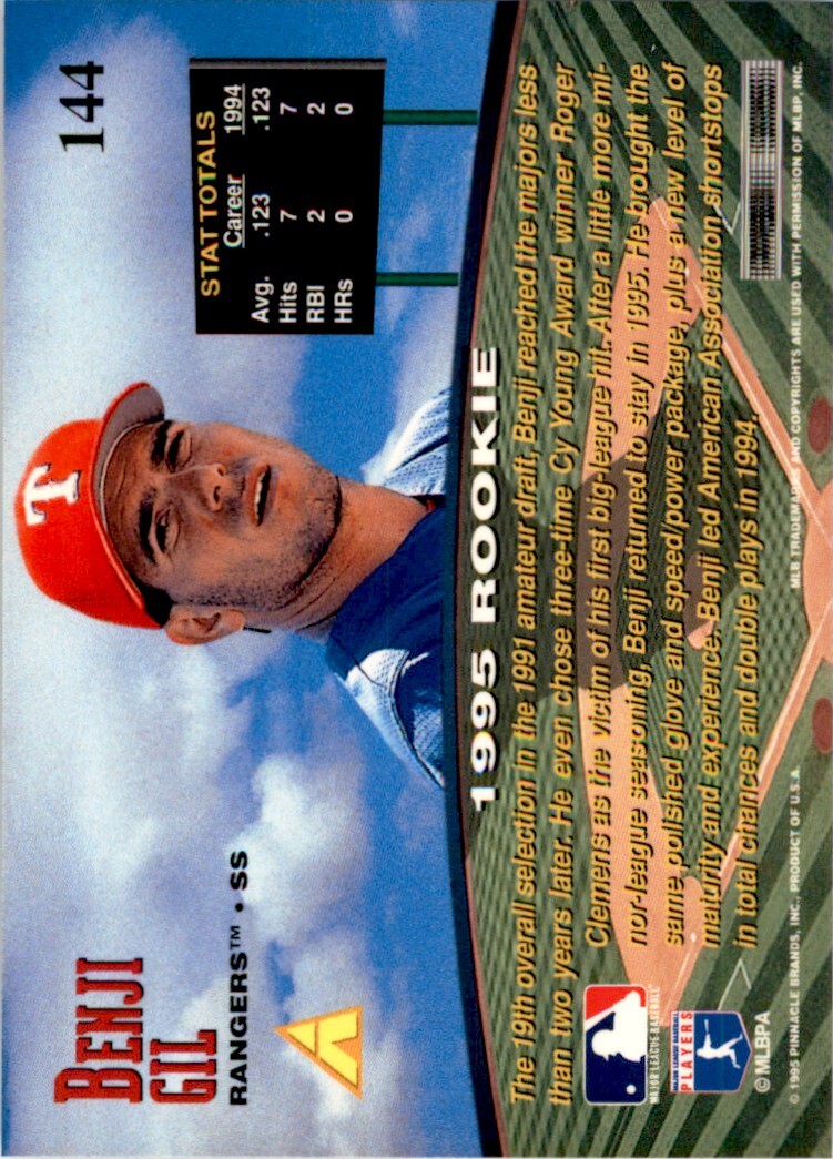 1995 Pinnacle Zenith Benji Gil . Texas Rangers #144
