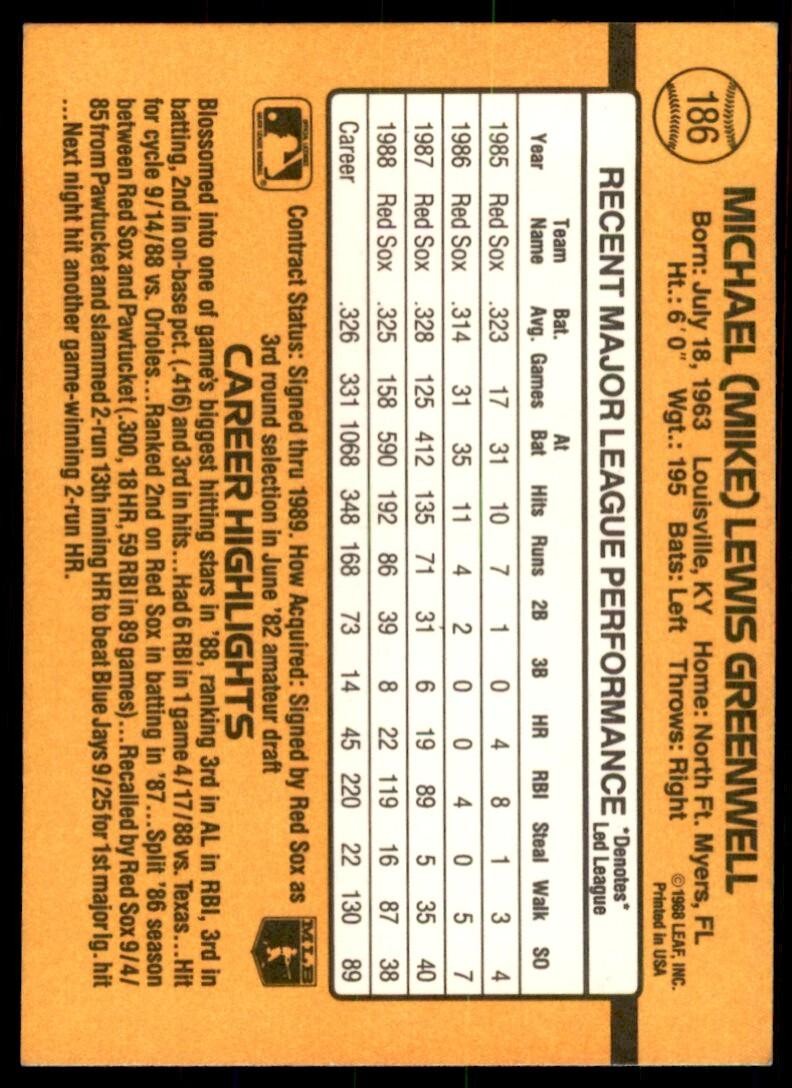 1989 Donruss Mike Greenwell Baseball Cards #186