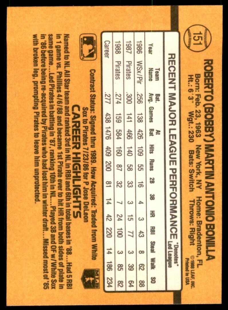 1989 Donruss Bobby Bonilla A Baseball Cards #151