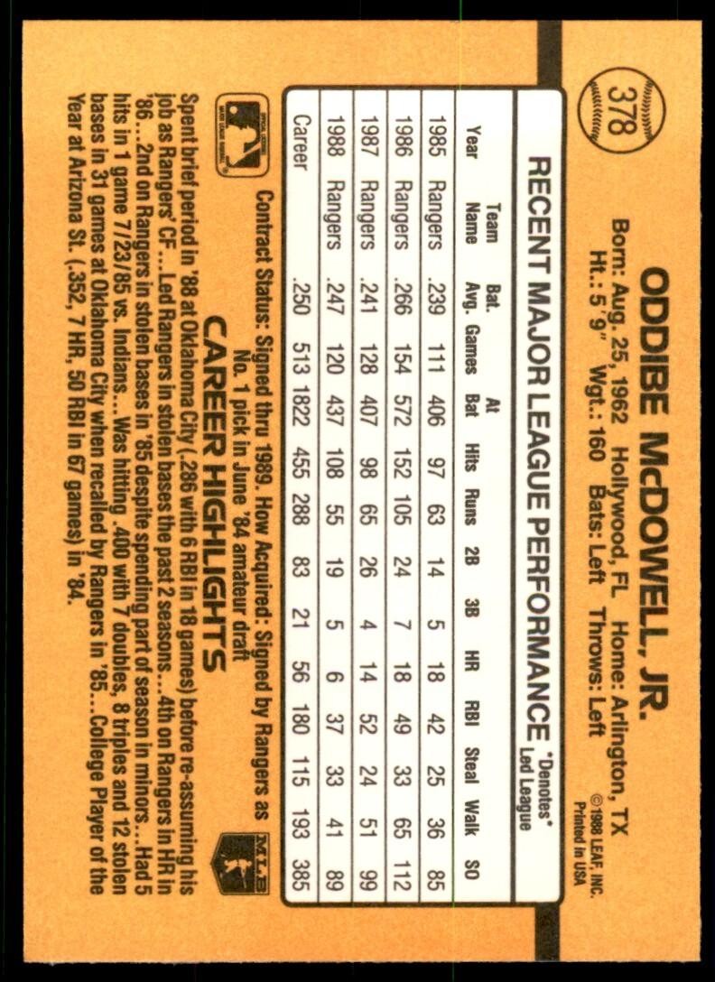 1989 Donruss Oddibe McDowell Baseball Cards #378