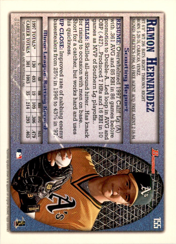 1998 Bowman Ramon Hernandez . Oakland Athletics #155