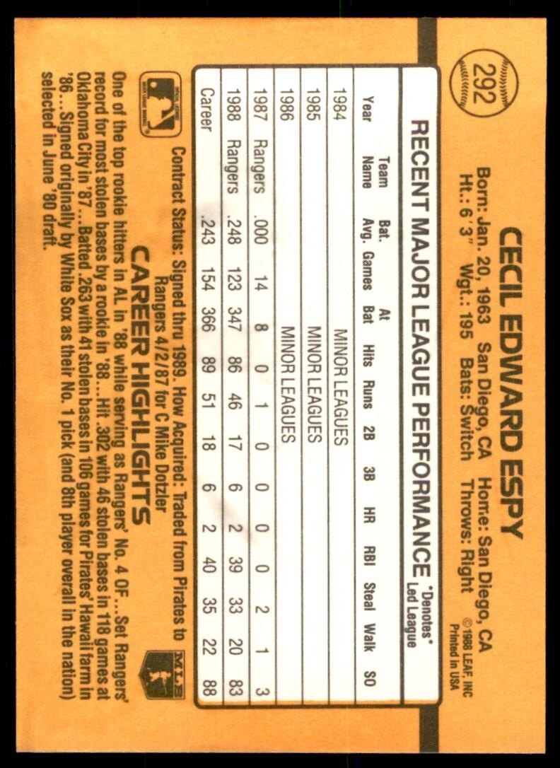 1989 Donruss Cecil Espy Baseball Cards #292