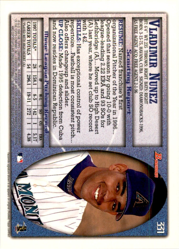 1998 Bowman Vladimir Nunez . Arizona Diamondbacks #331