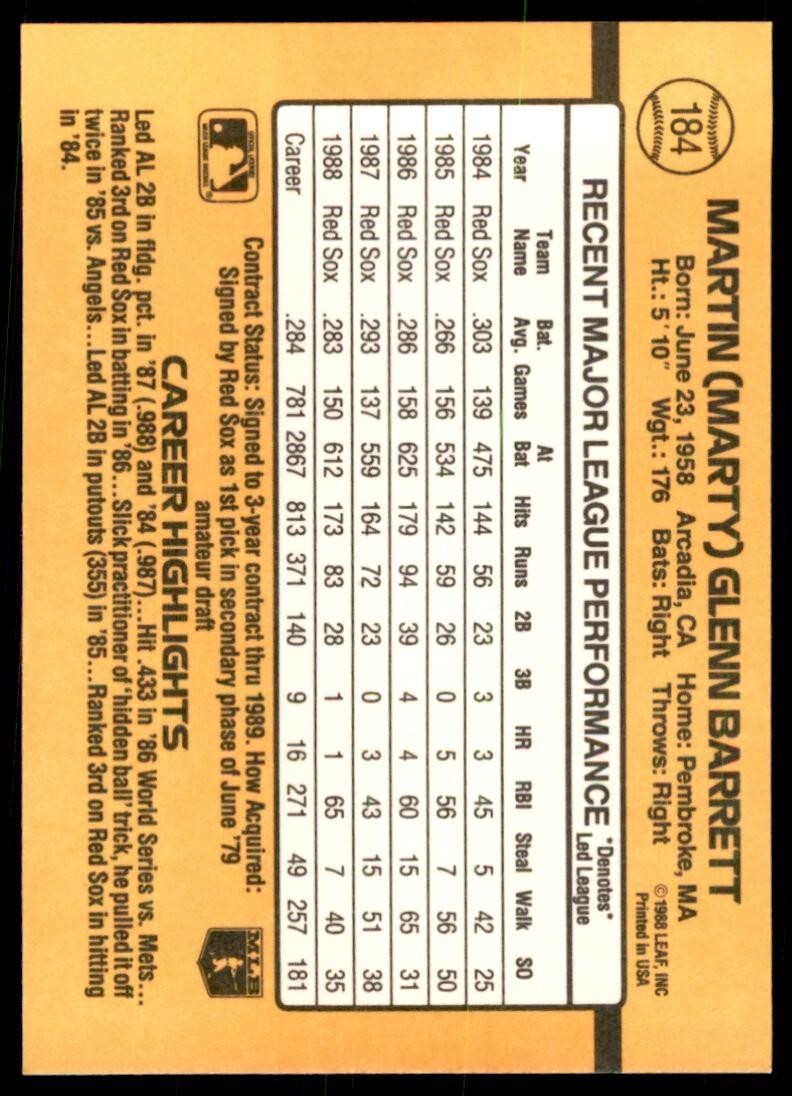 1989 Donruss Marty Barrett Baseball Cards #184