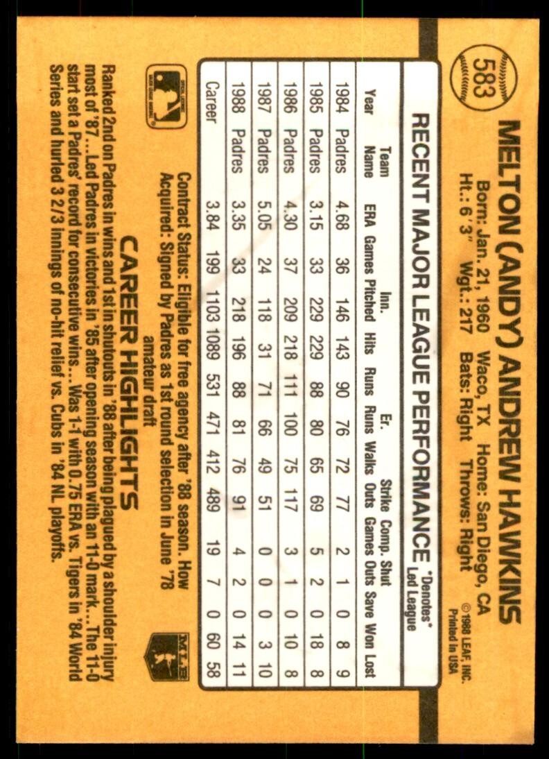 1989 Donruss Andy Hawkins B Baseball Cards #583