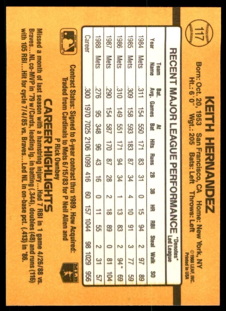 1989 Donruss Keith Hernandez A Baseball Cards #117