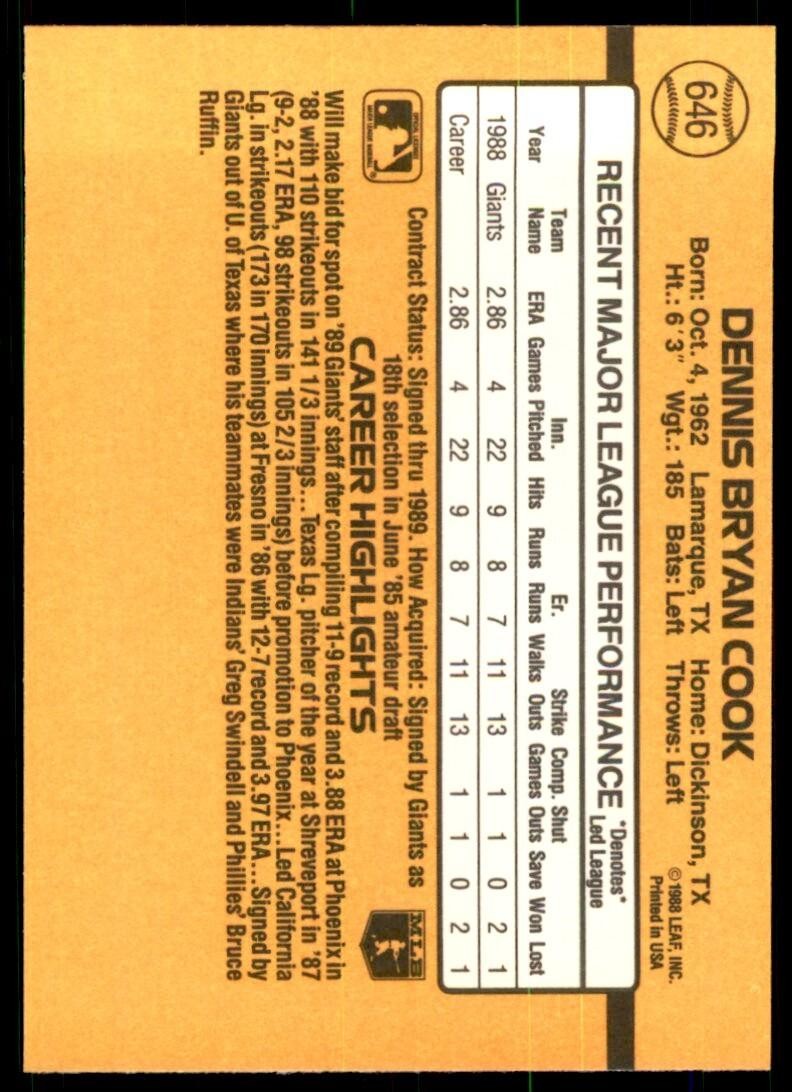 1989 Donruss Dennis Cook Baseball Cards #646