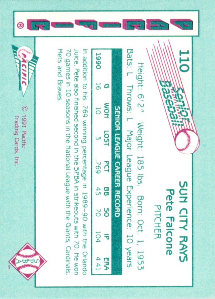 1991 Pacific Senior League Pete Falcone . Sun City Rays #110