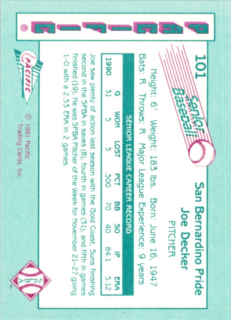 1991 Pacific Senior League Joe Decker . San Bernardino Pride #101