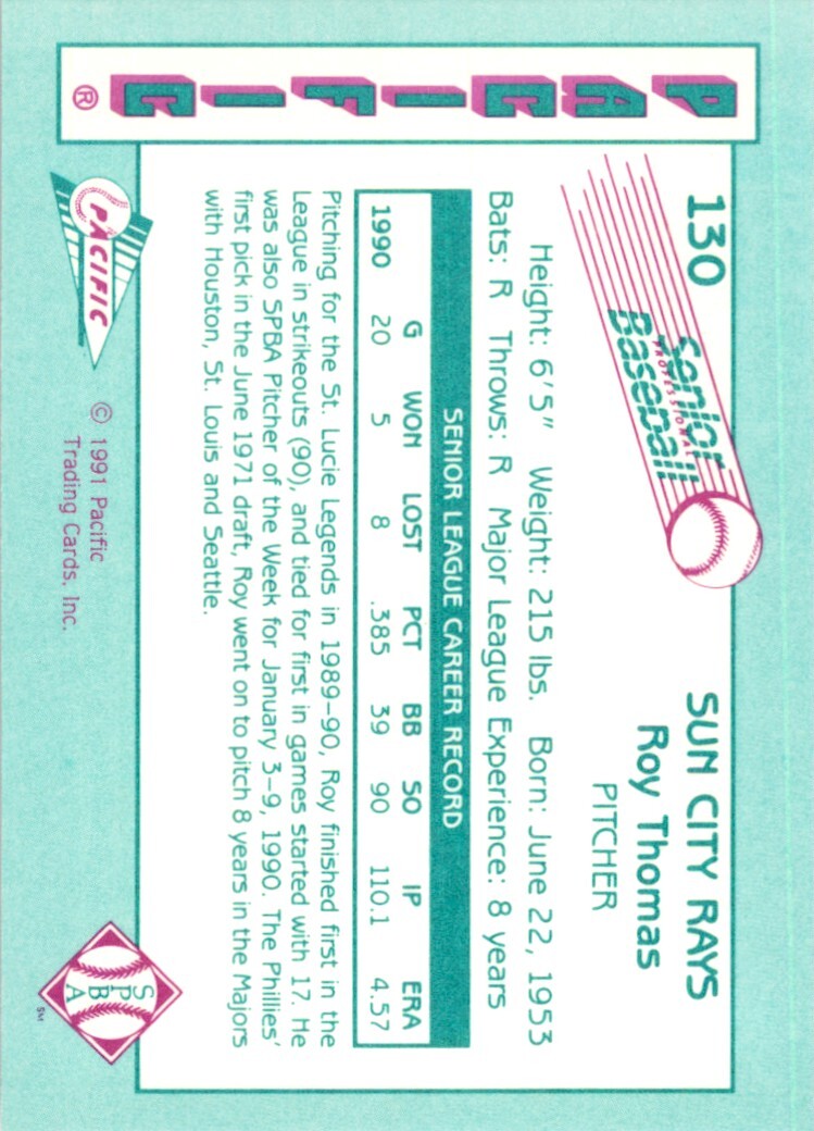 1991 Pacific Senior League Roy Thomas . Sun City Rays #130