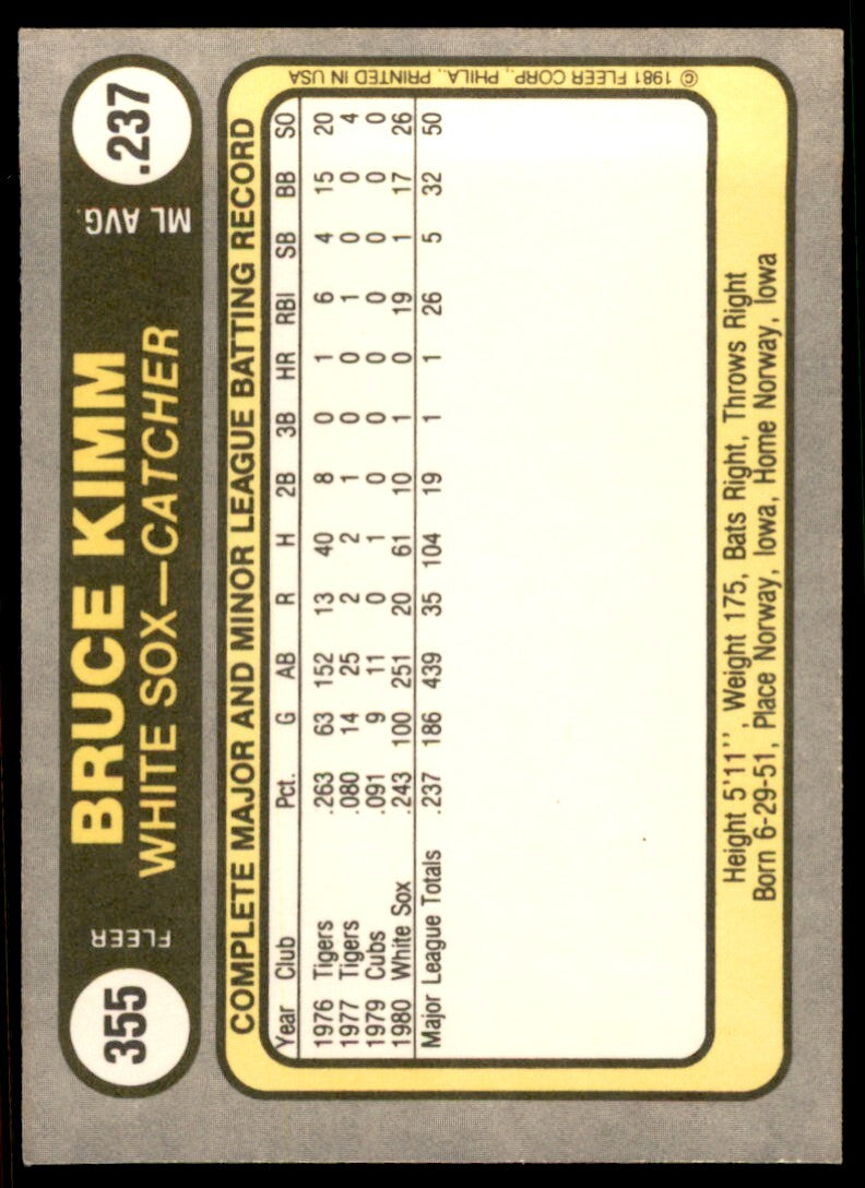1981 Fleer Bruce Kimm . Chicago White Sox #355