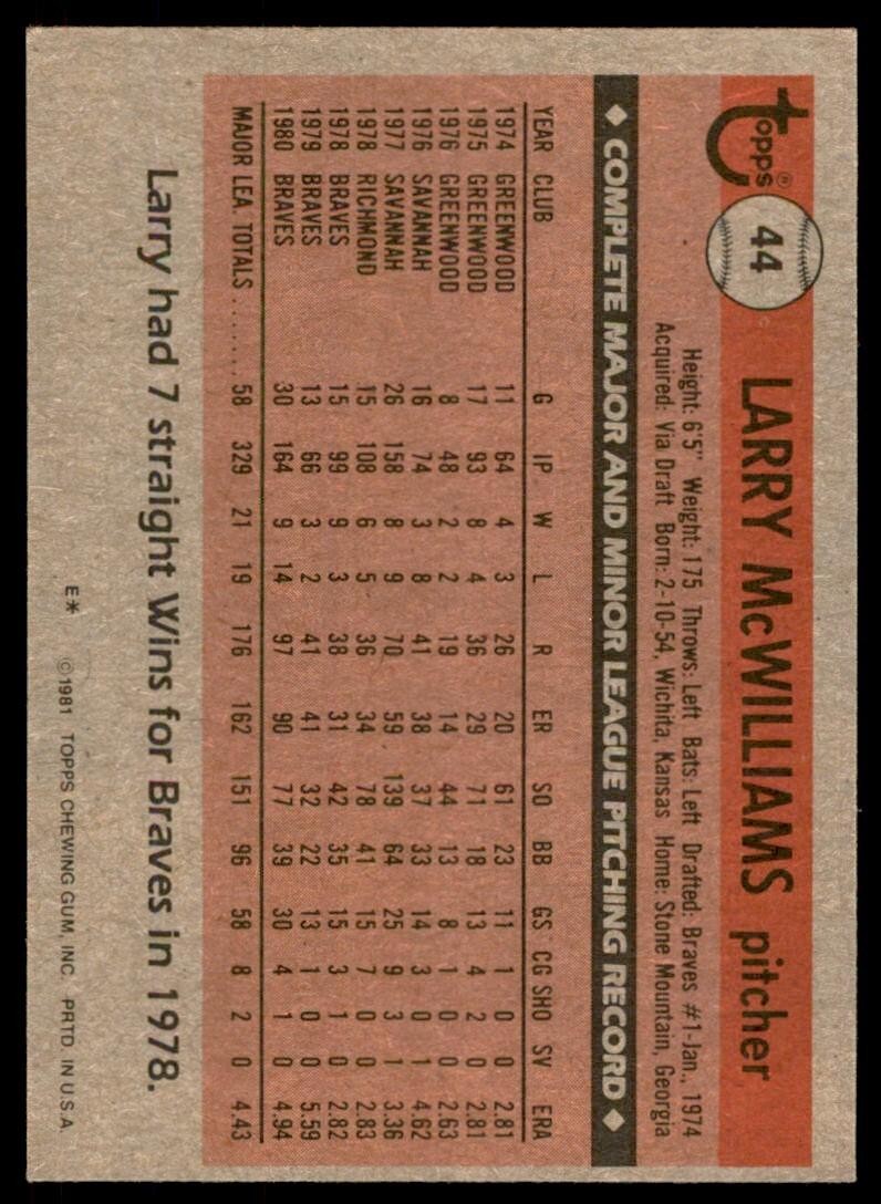 1981 Topps Baseball Card Larry McWilliams Atlanta Braves #44