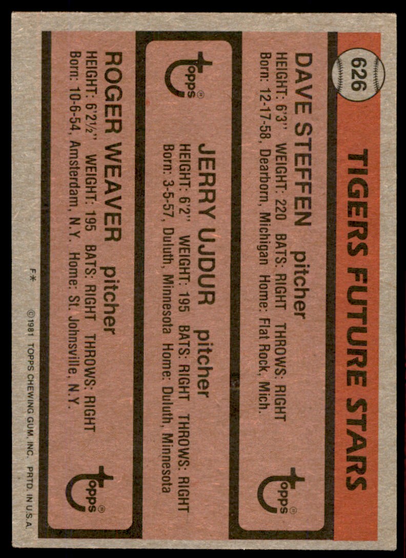 1981 Topps Baseball Card Dave Steffen/Jerry Ujdur/Roger Weaver Rookie #626