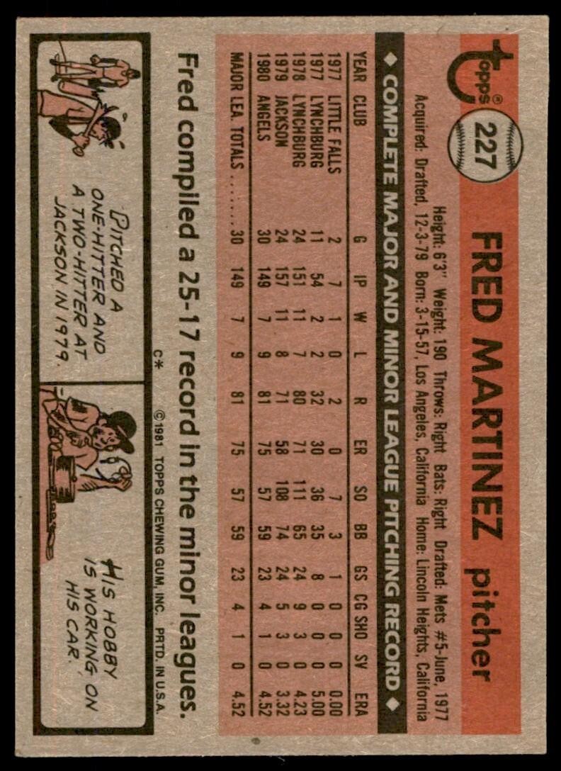 1981 Topps Baseball Card Fred Martinez Rookie California Angels #227