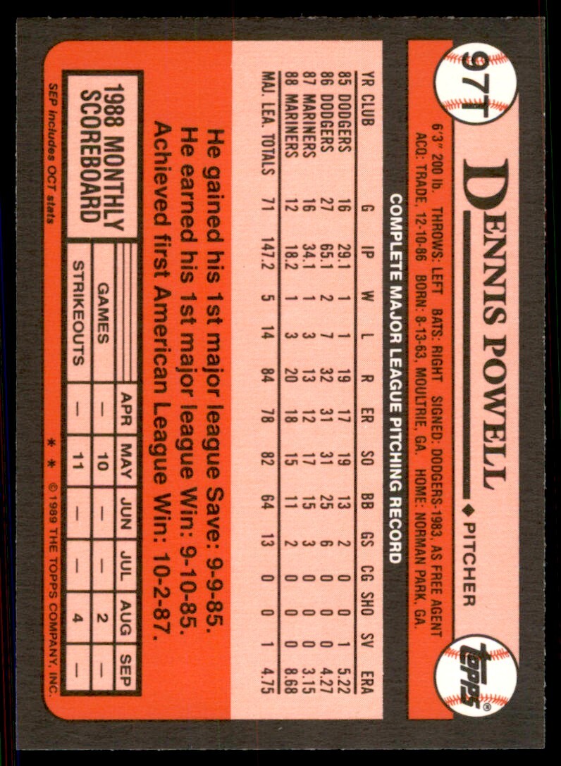 1989 Topps Traded. Dennis Powell . Seattle Mariners #97T