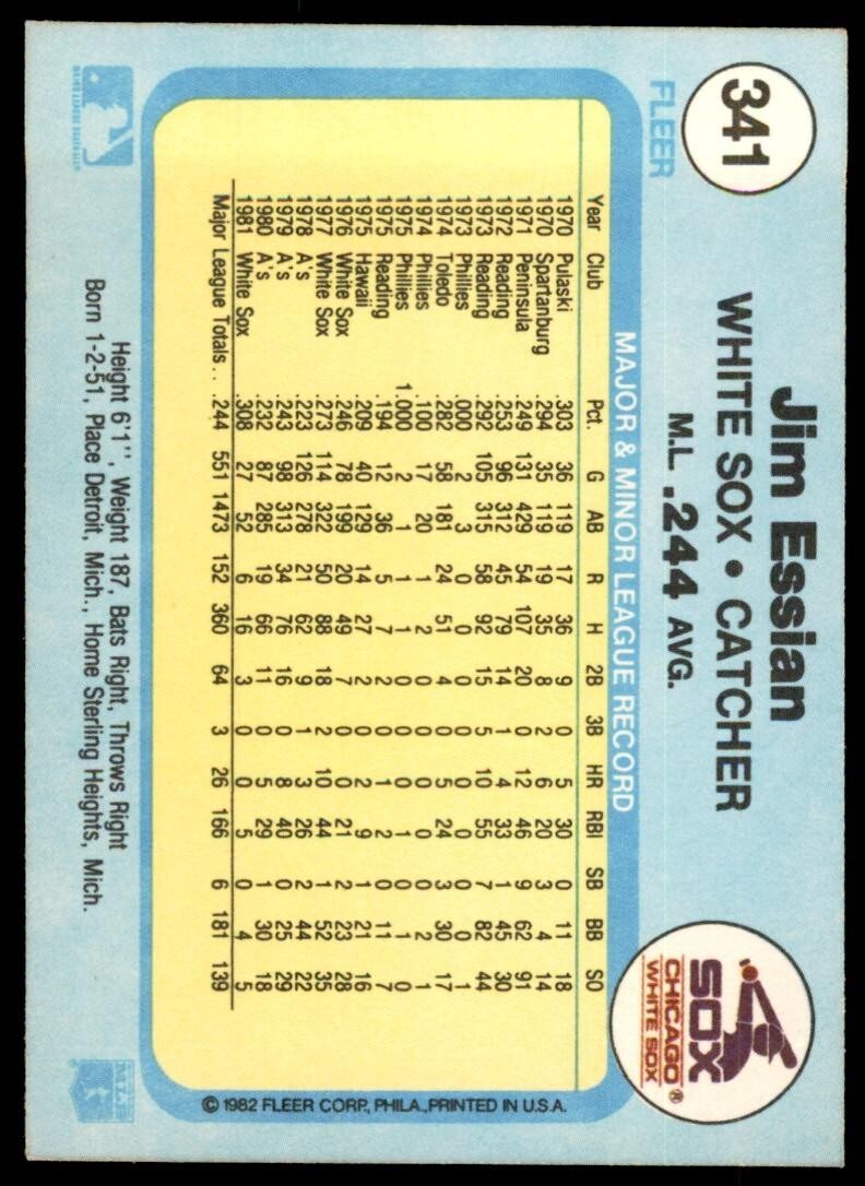 1982 Fleer Baseball Card Jim Essian A Chicago White Sox #341