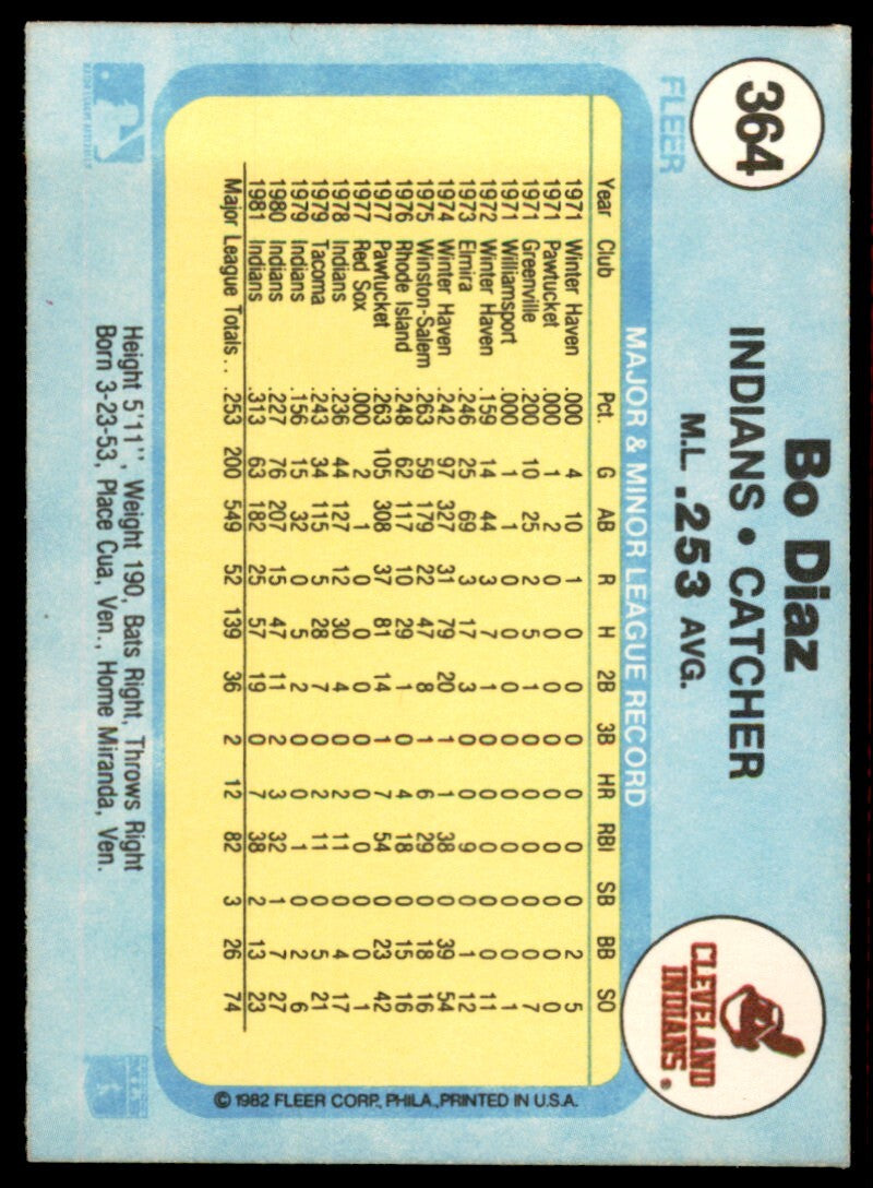 1982 Fleer Baseball Card Bo Diaz Cleveland Indians #364