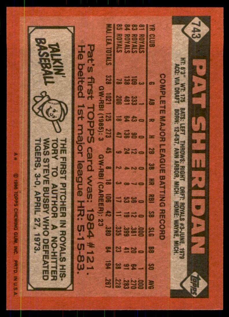 1986 Topps Baseball Card Pat Sheridan Kansas City Royals #743