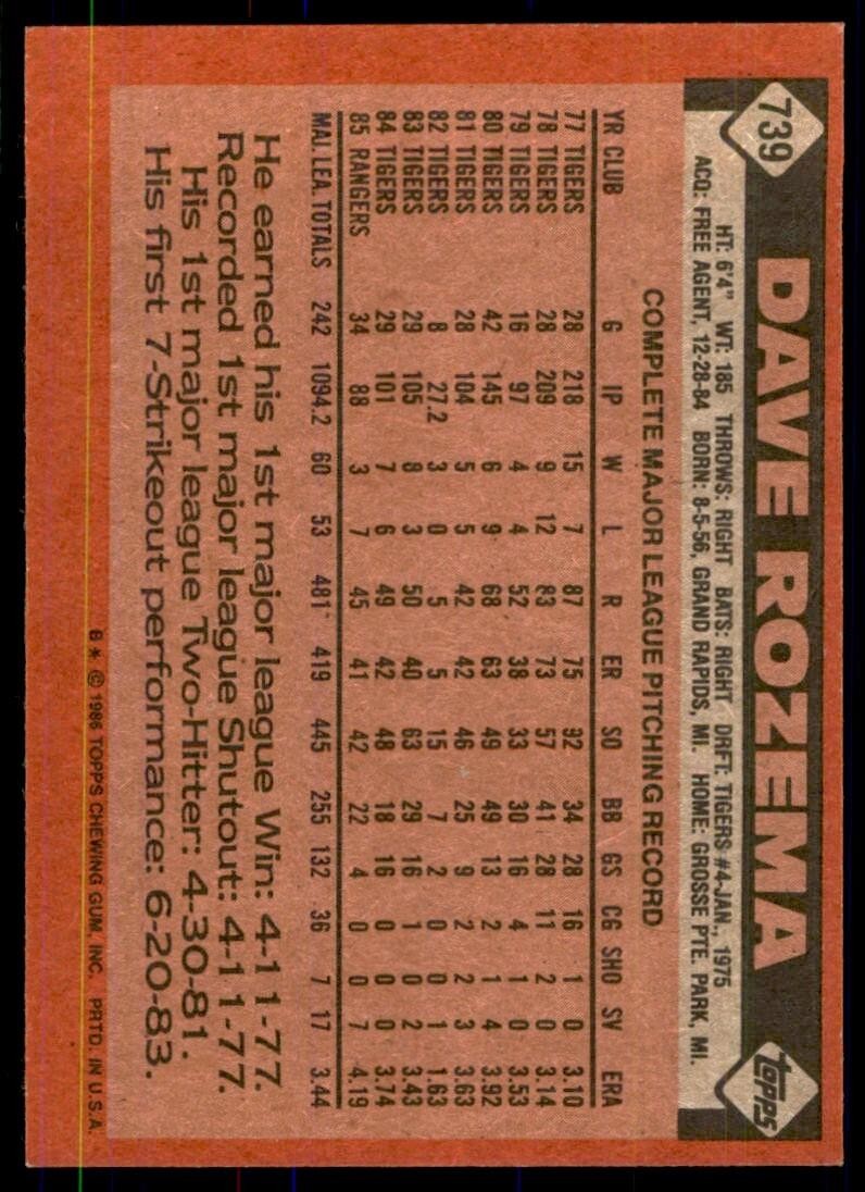 1986 Topps Baseball Card Dave Rozema B Texas Rangers #739