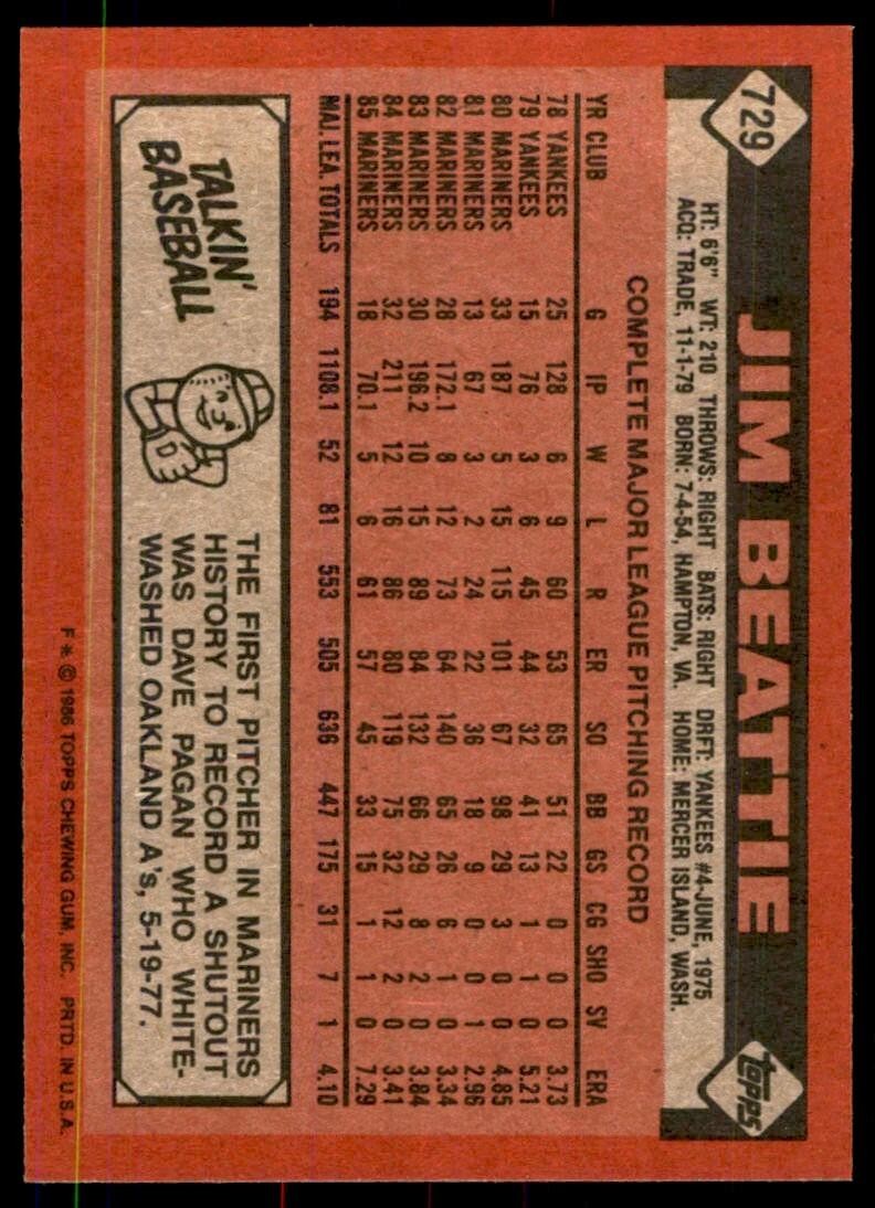 1986 Topps Baseball Card Jim Beattie Seattle Mariners #729