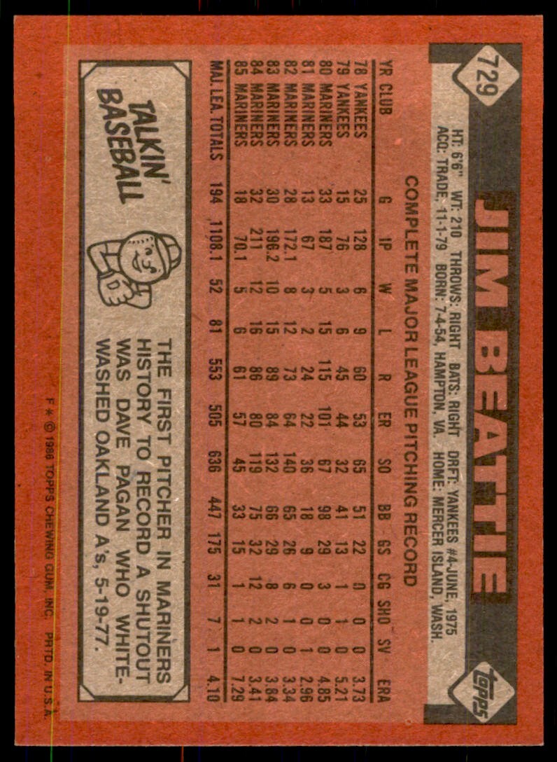 1986 Topps Baseball Card Jim Beattie B Seattle Mariners #729