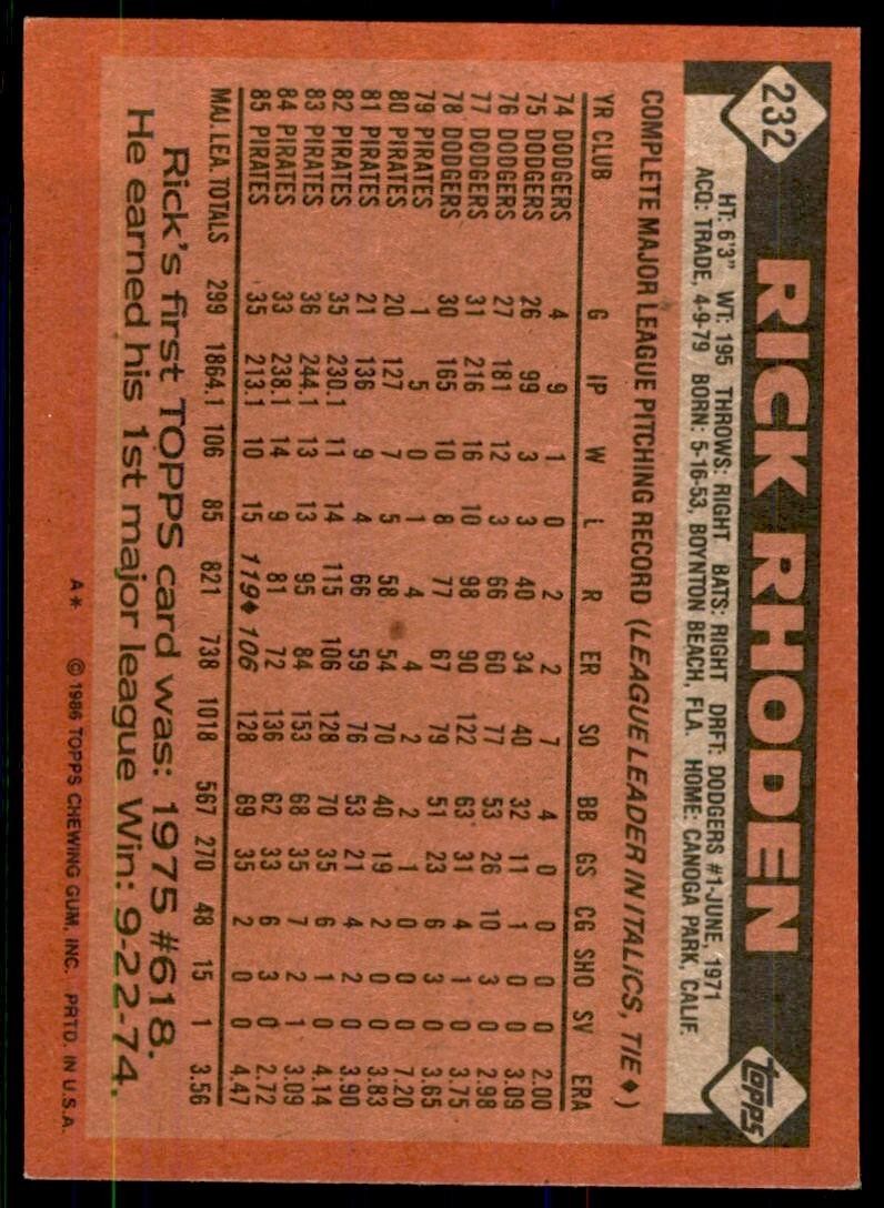 1986 Topps Baseball Card Rick Rhoden Pittsburgh Pirates #232