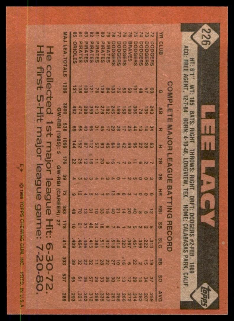 1986 Topps Baseball Card Lee Lacy A Baltimore Orioles #226