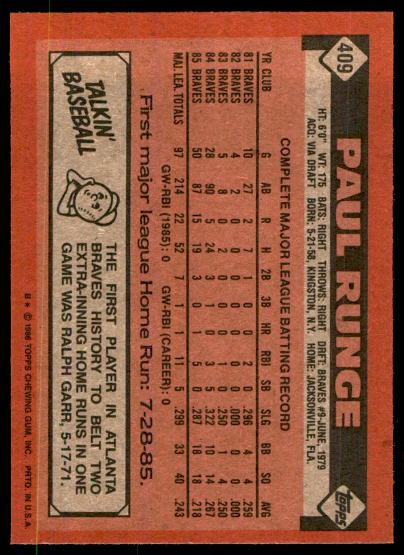 1986 Topps Baseball Card Paul Runge Rookie Atlanta Braves #409