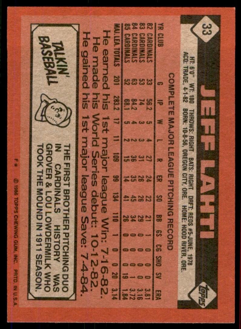 1986 Topps Baseball Card Jeff Lahti St. Louis Cardinals #33