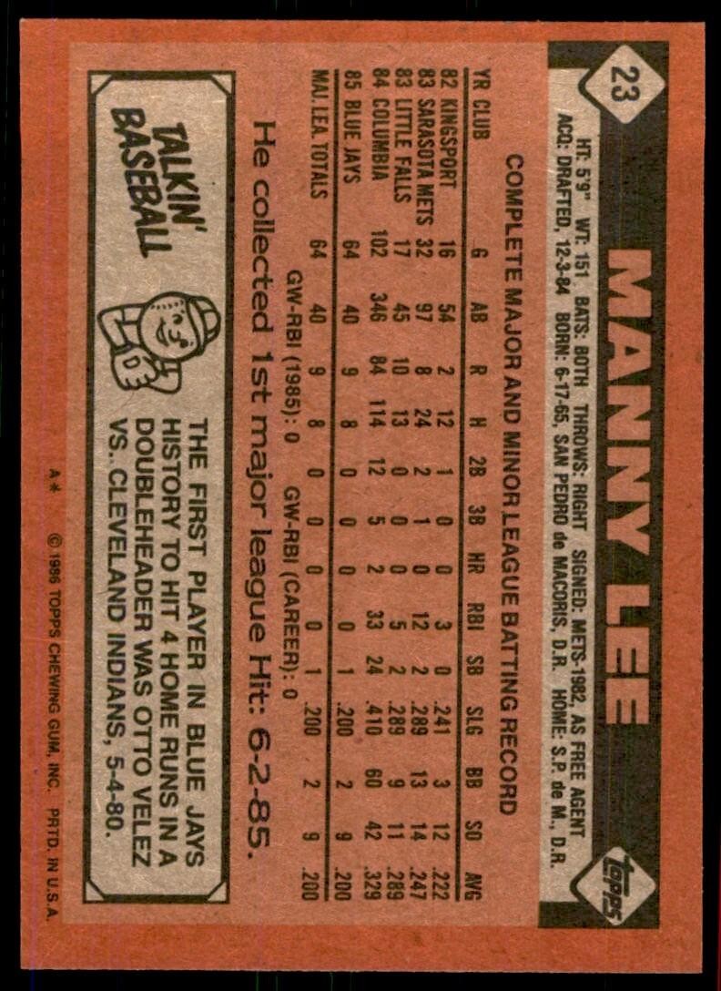 1986 Topps Baseball Card Manny Lee Rookie Toronto Blue Jays #23