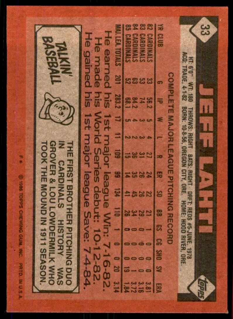 1986 Topps Baseball Card Jeff Lahti A St. Louis Cardinals #33