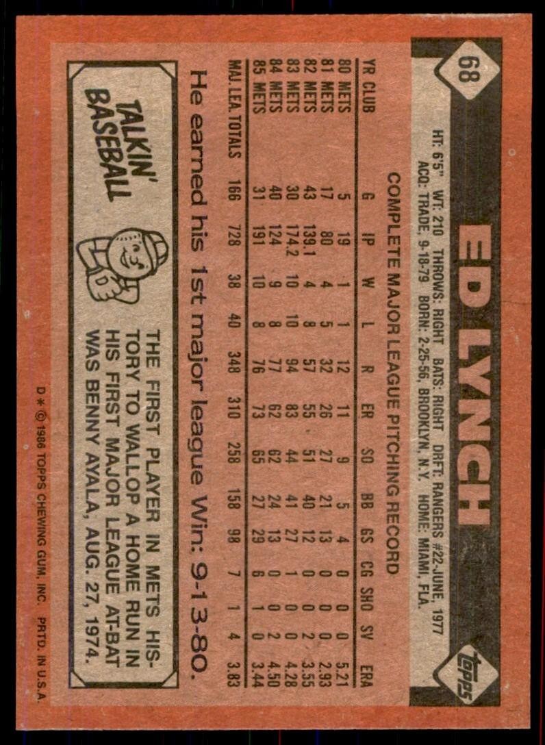 1986 Topps Baseball Card Ed Lynch New York Mets #68