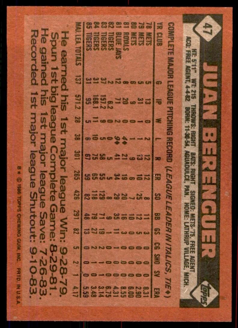 1986 Topps Baseball Card Juan Berenguer Detroit Tigers #47