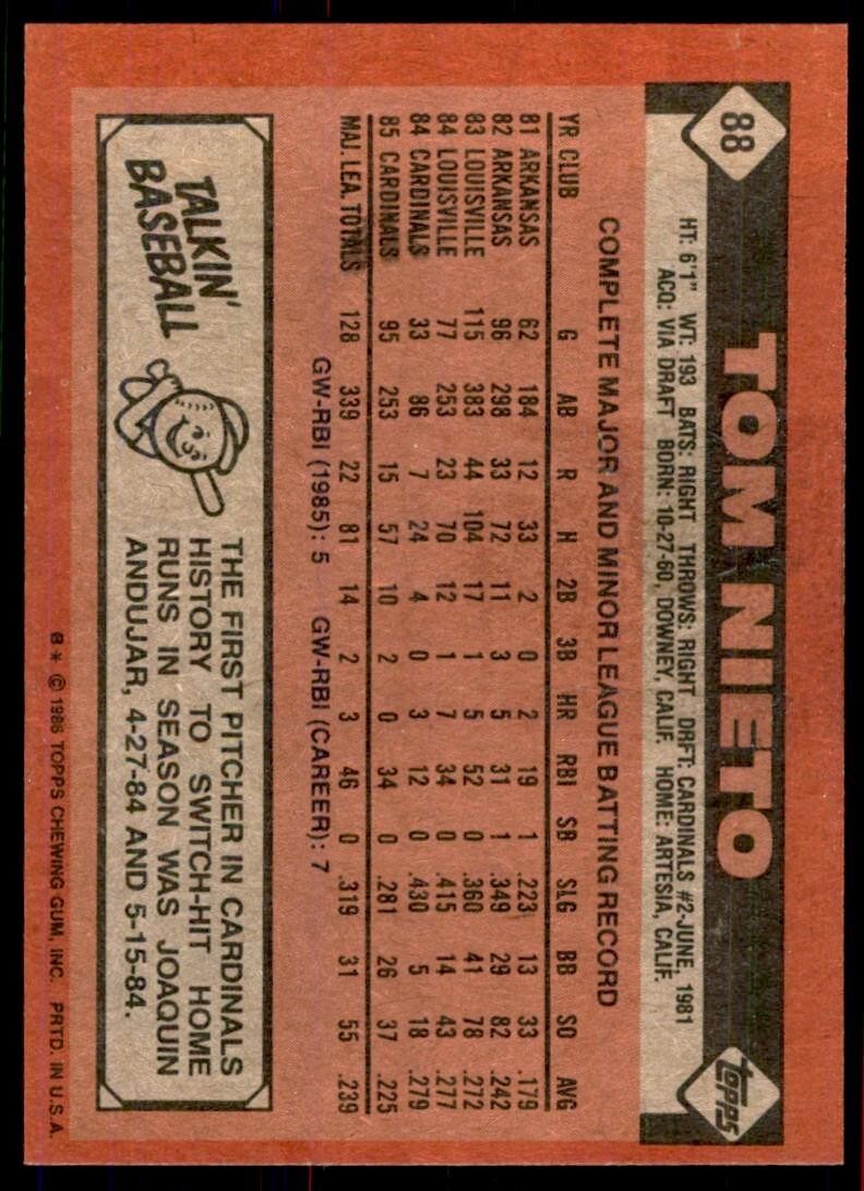 1986 Topps Baseball Card Tom Nieto A St. Louis Cardinals #88