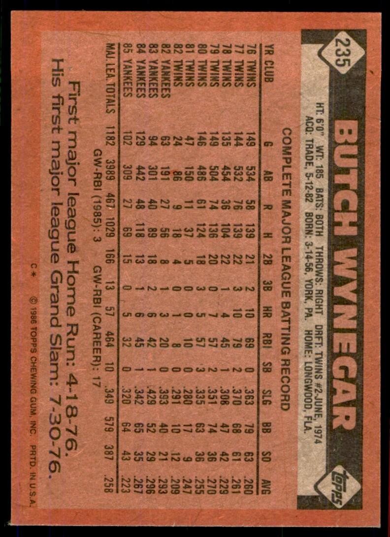 1986 Topps Baseball Card Butch Wynegar New York Yankees #235