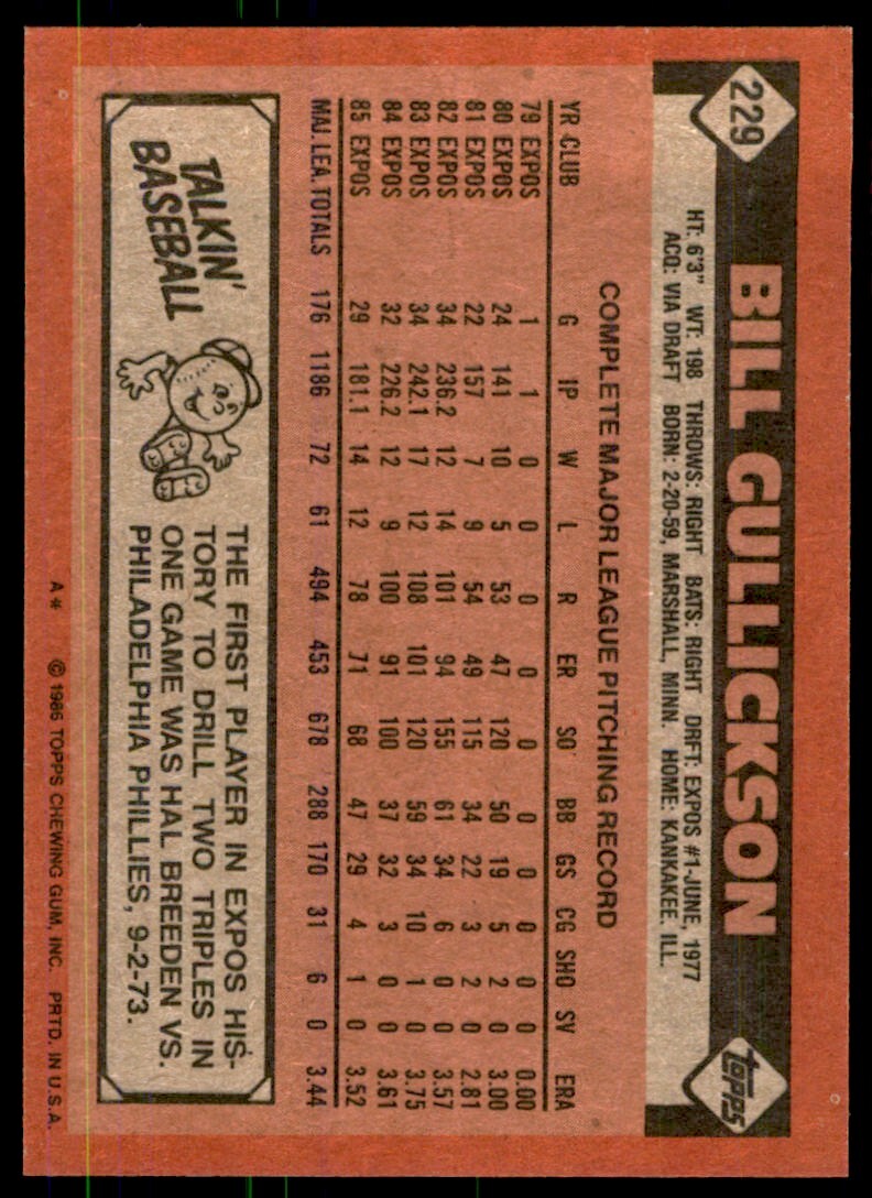 1986 Topps Baseball Card Bill Gullickson Montreal Expos #229