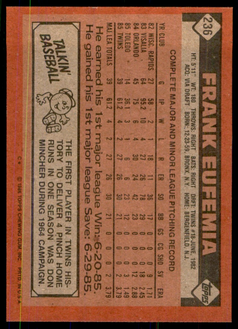 1986 Topps Baseball Card Frank Eufemia Rookie Minnesota Twins #236
