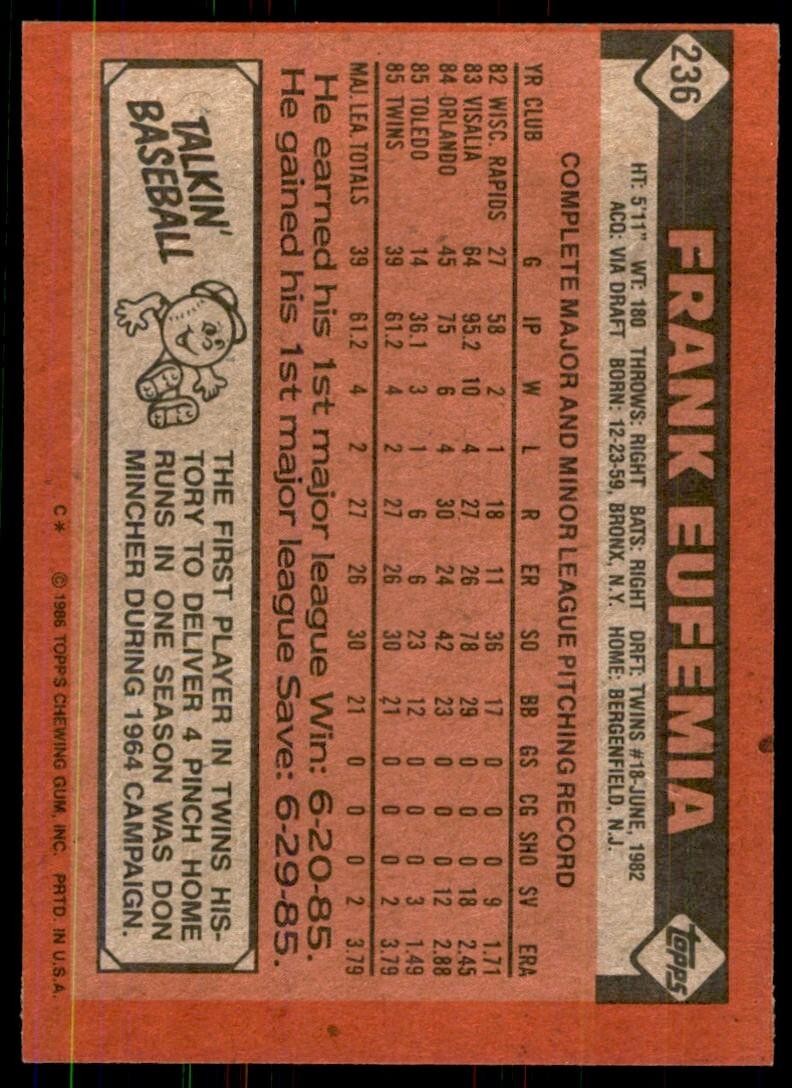 1986 Topps Baseball Card Frank Eufemia Rookie A Minnesota Twins #236