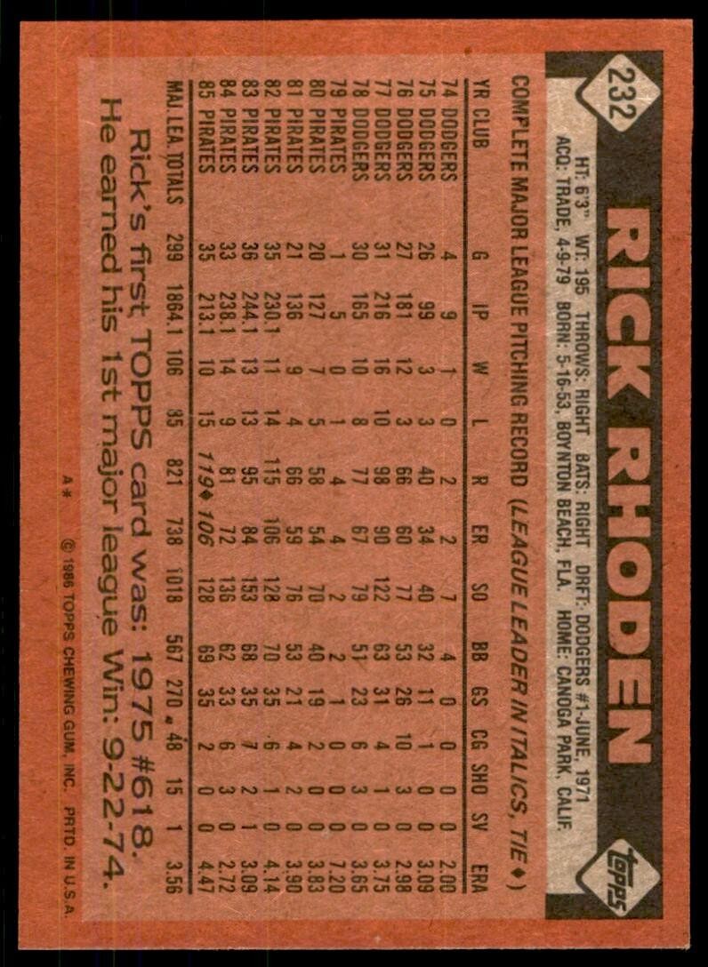1986 Topps Baseball Card Rick Rhoden D Pittsburgh Pirates #232