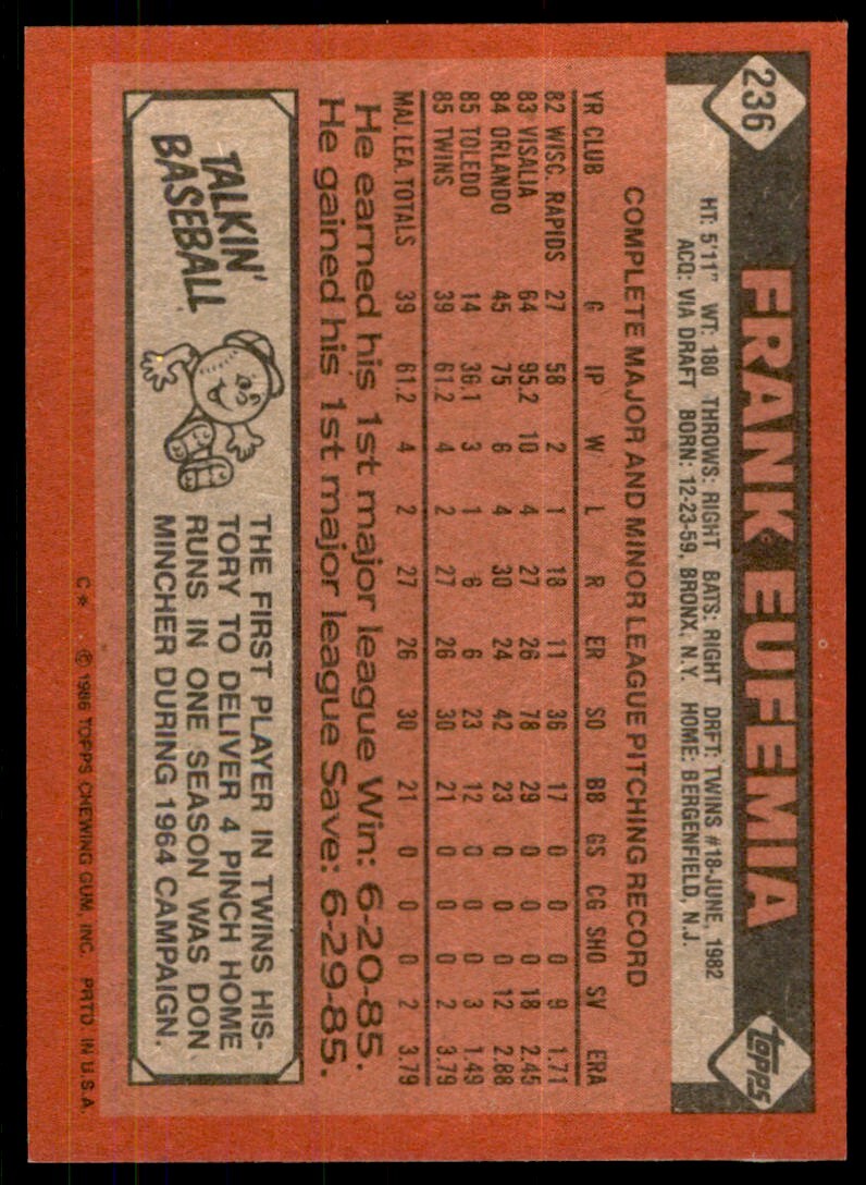 1986 Topps Baseball Card Frank Eufemia Rookie F Minnesota Twins #236