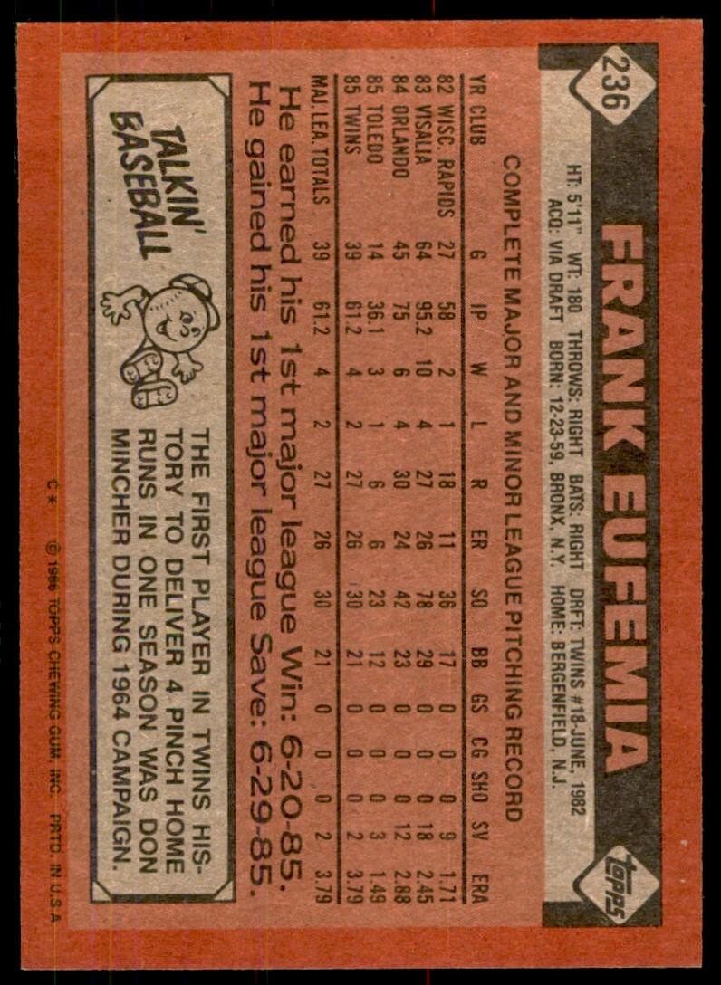 1986 Topps Baseball Card Frank Eufemia Rookie D Minnesota Twins #236